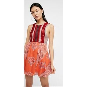 Free People Katie Crochet Mini Dress Red Pink Knit Orange Bandana Skirt Boho XS